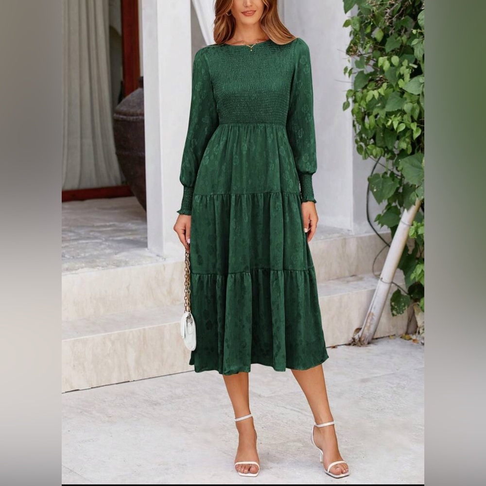 PrettyGarden Green Smocked Long Sleeve Peasant Midi Dress